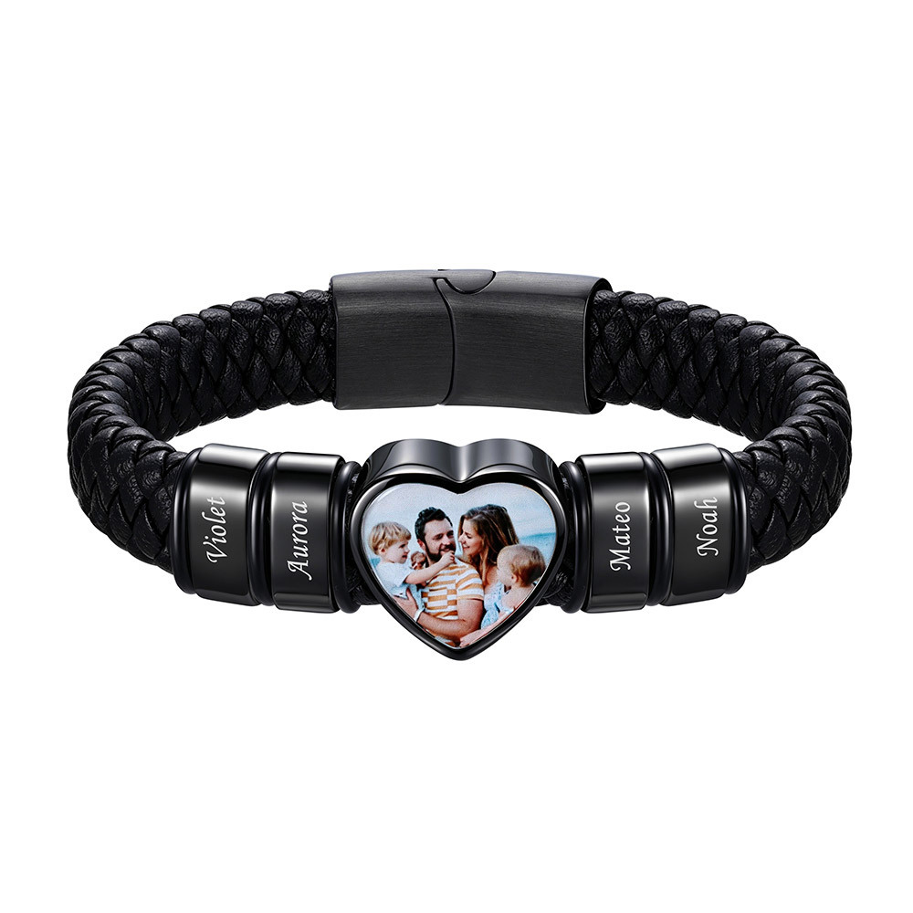 Custom Multi-Name Heart Photo Leather Bracelet for Men Women