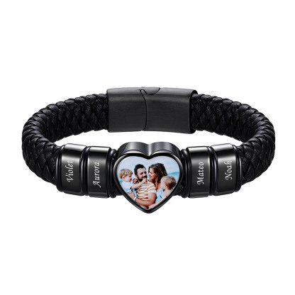 Custom Multi-Name Heart Photo Leather Bracelet for Men Women