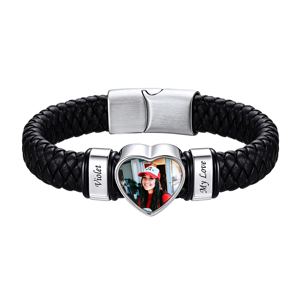 Custom Multi-Name Heart Photo Leather Bracelet for Men Women