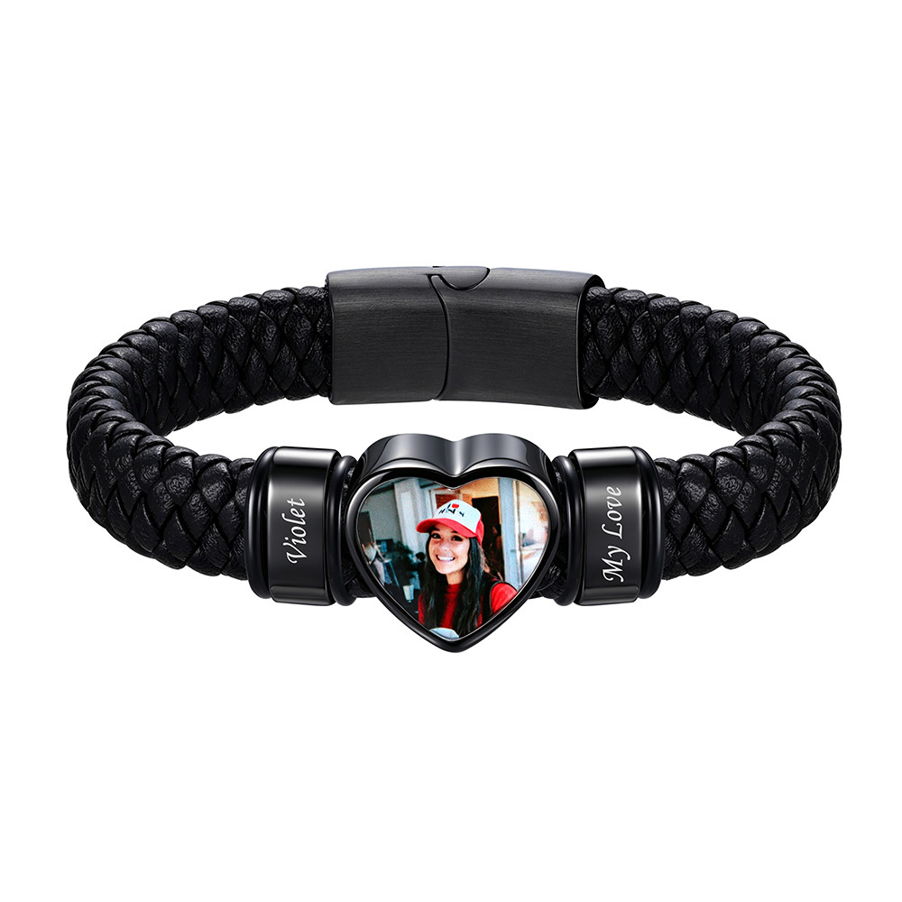 Custom Multi-Name Heart Photo Leather Bracelet for Men Women