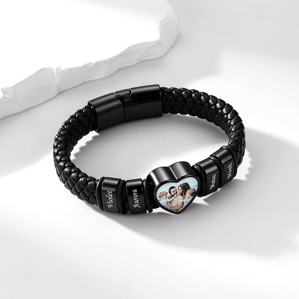 Custom Multi-Name Heart Photo Leather Bracelet for Men Women Anniversary Gift
