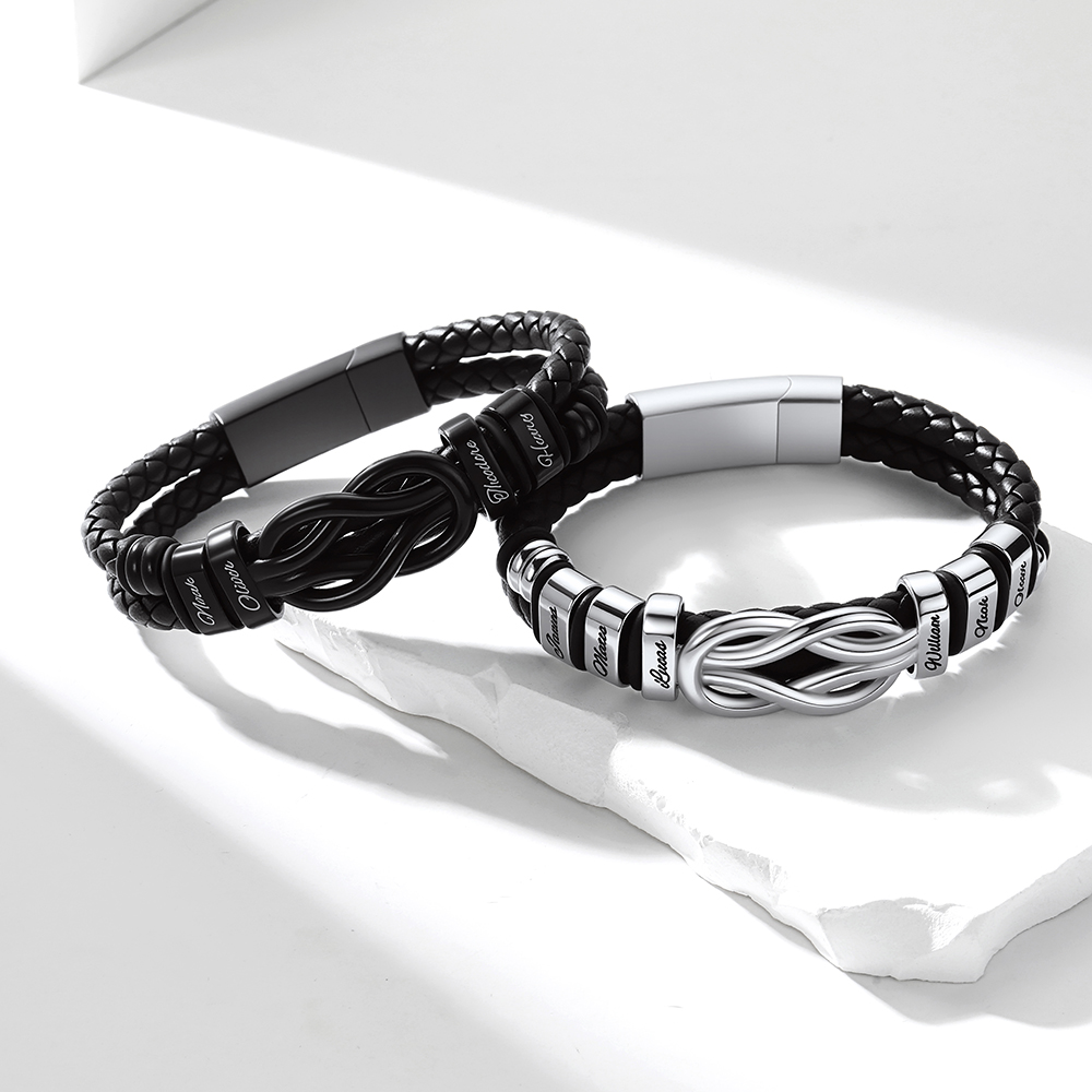 Custom Multi-Name Infinity Knot Leather Bracelet for Men