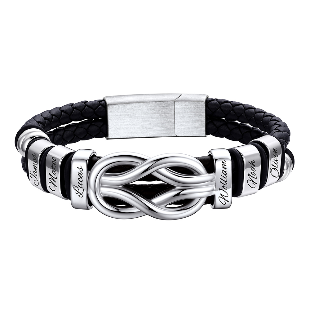 Custom Multi-Name Infinity Knot Leather Bracelet for Men