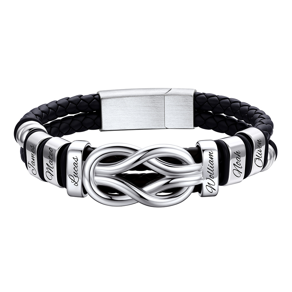 Custom Multi-Name Infinity Knot Leather Bracelet for Men
