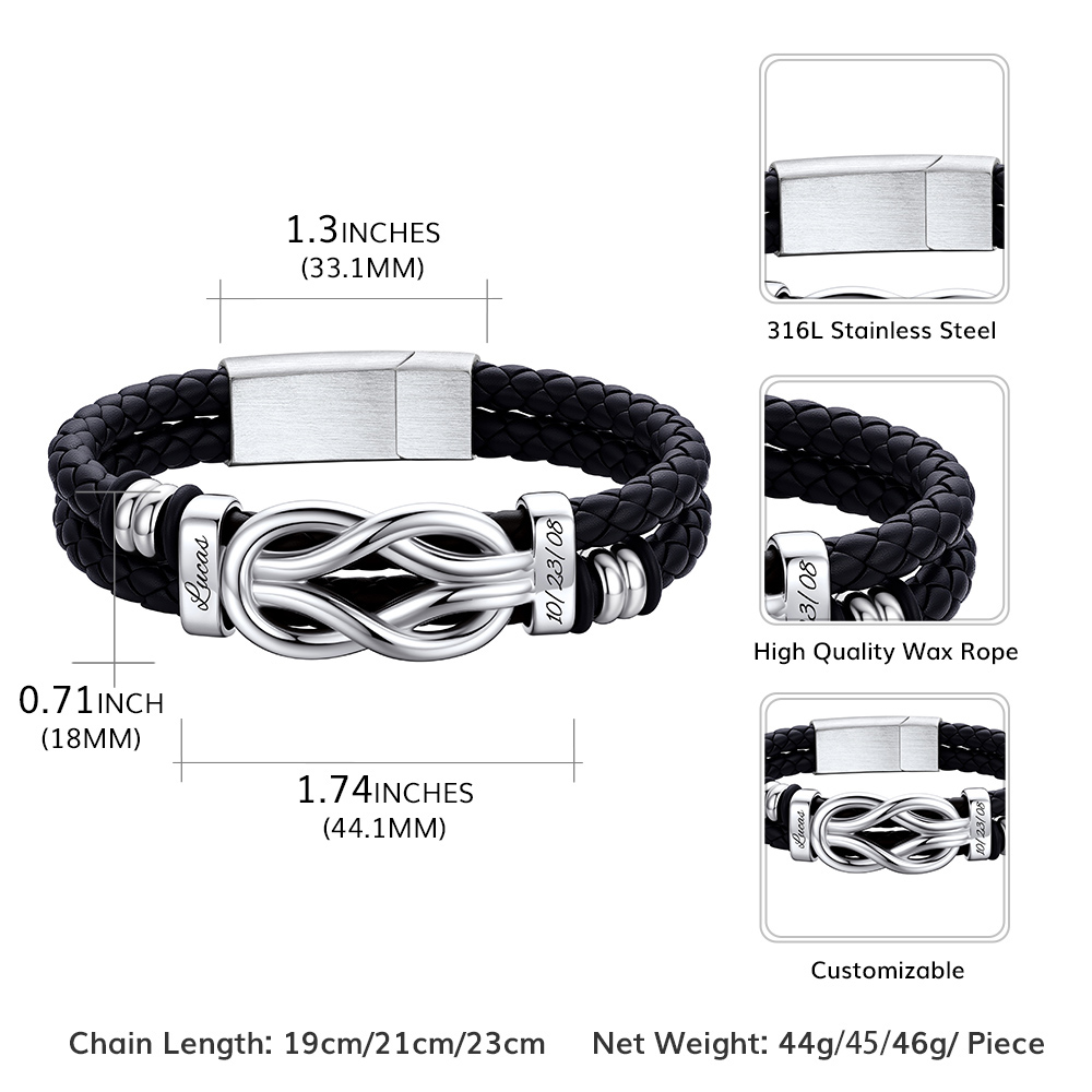 Custom Multi-Name Infinity Knot Leather Bracelet for Men