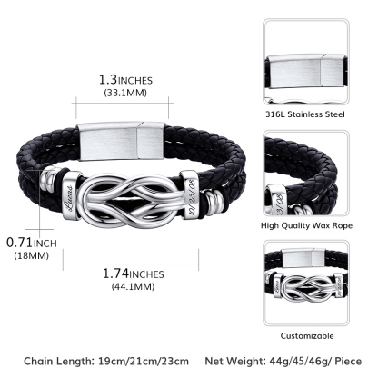 Custom Multi-Name Infinity Knot Leather Bracelet for Men