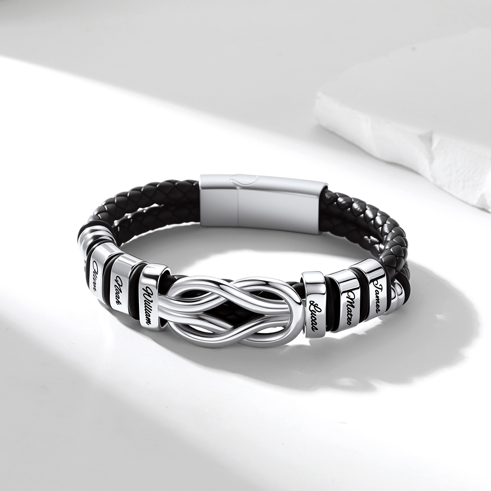 Custom Multi-Name Infinity Knot Leather Bracelet for Men