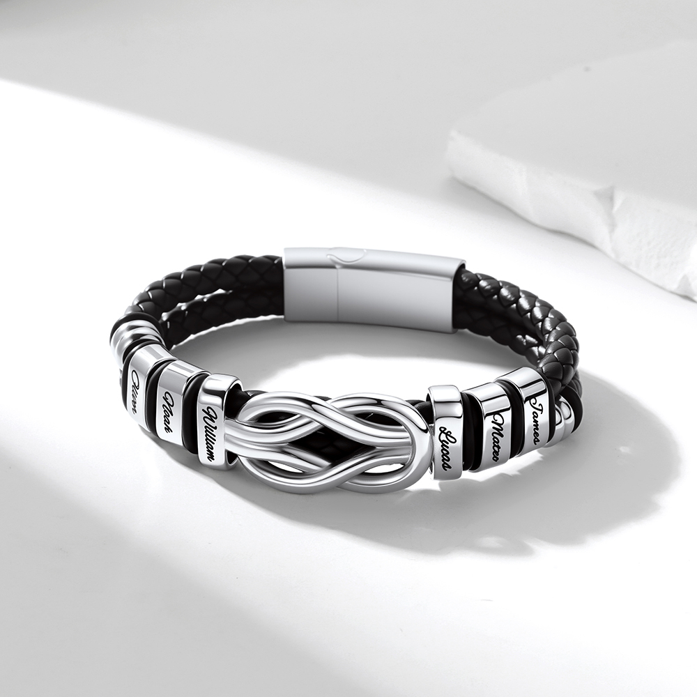 Custom Multi-Name Infinity Knot Leather Bracelet for Men