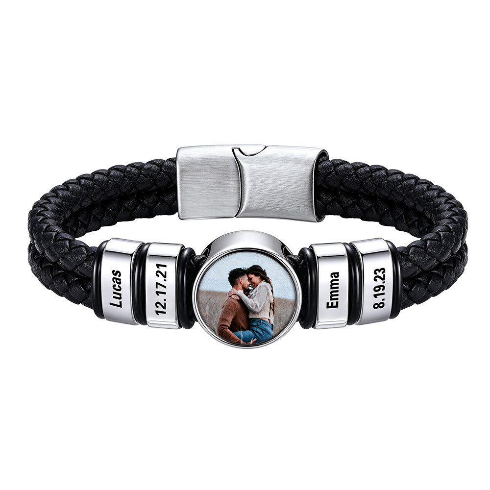 Personalized Multi-Name Photo Double-Layer Leather Bracelet for Men silver