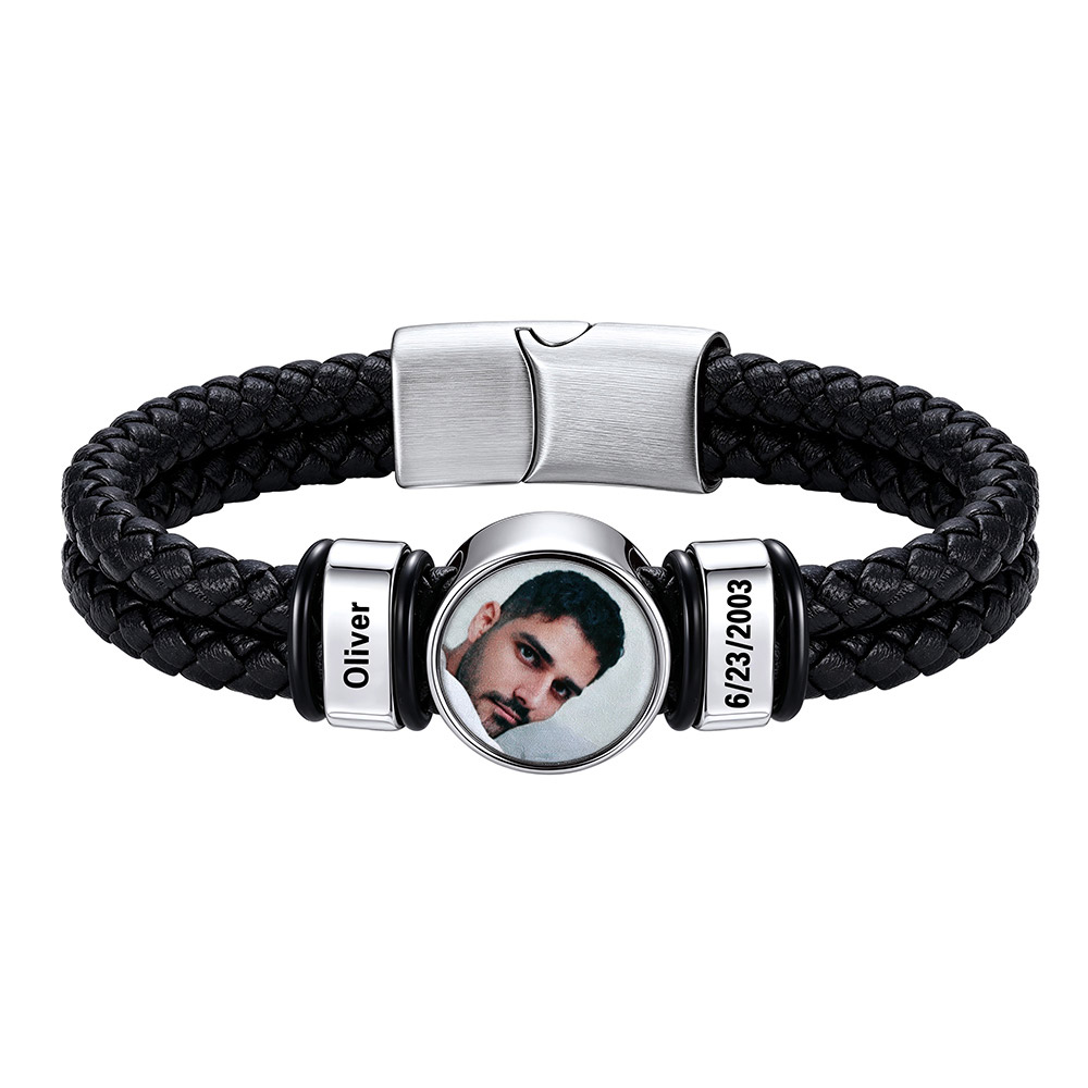 Personalized Multi-Name Photo Double-Layer Leather Bracelet for Men Romantic Gift