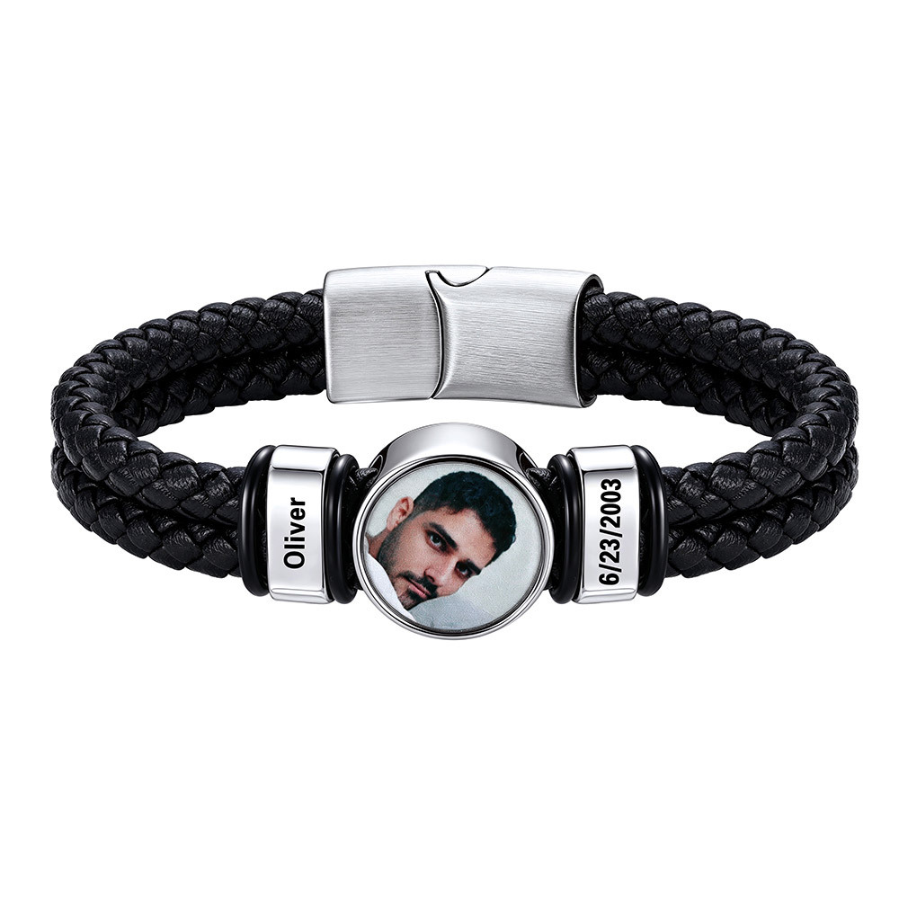 Personalized Multi-Name Photo Double-Layer Leather Bracelet for Men Romantic Gift