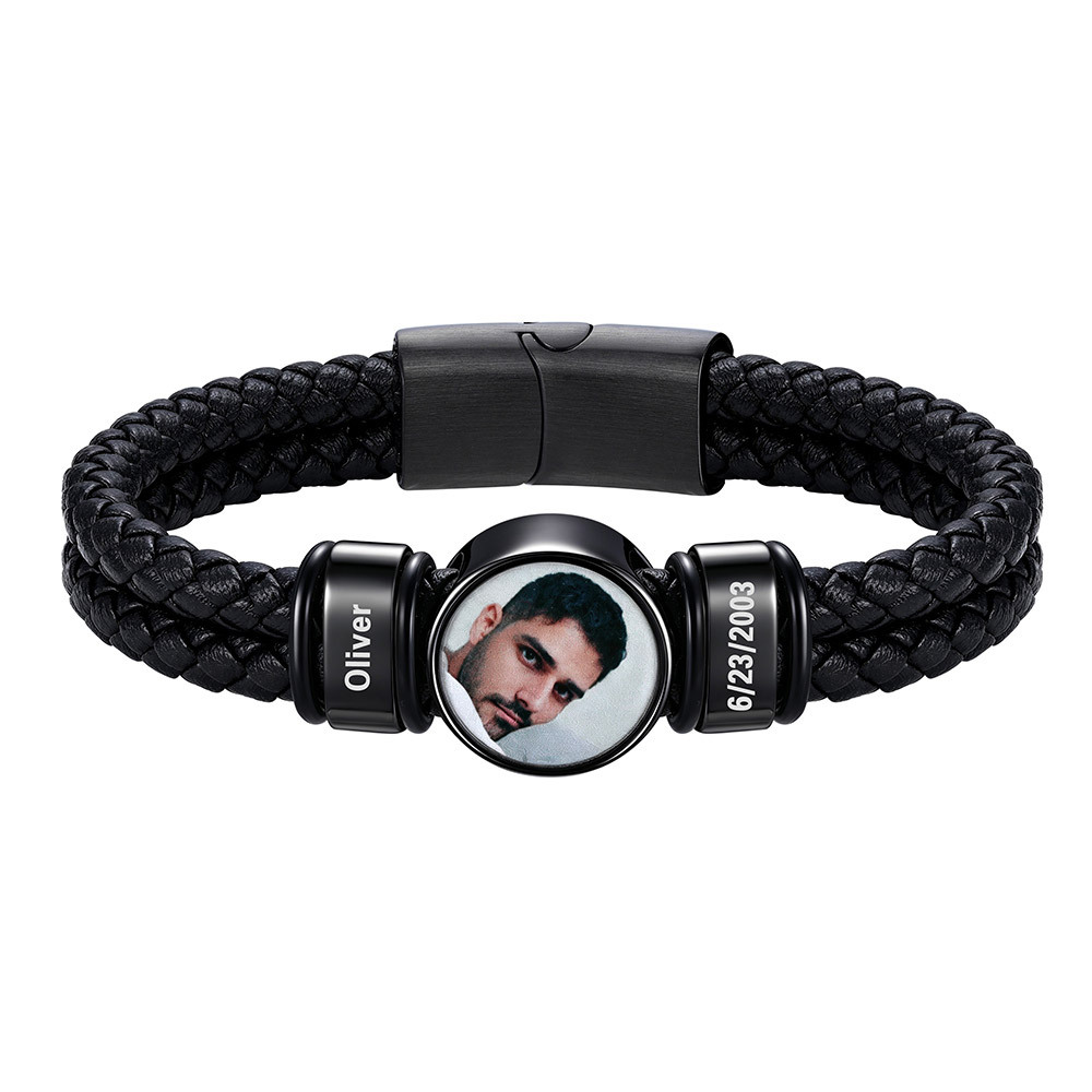 Personalized Multi-Name Photo Double-Layer Leather Bracelet for Men Engagement Gift