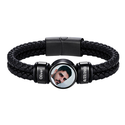 Personalized Multi-Name Photo Double-Layer Leather Bracelet for Men Engagement Gift