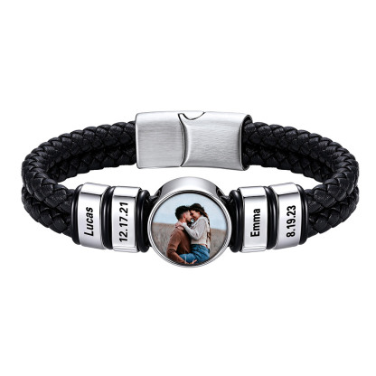 Personalized Multi-Name Photo Double-Layer Leather Bracelet for Men silver