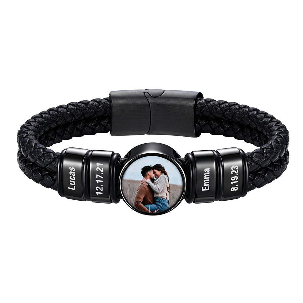 Personalized Multi-Name Photo Double-Layer Leather Bracelet for Men Christmas Gift