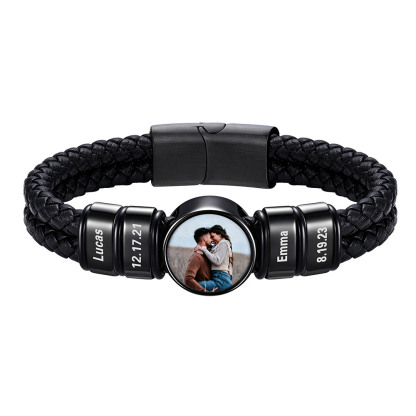 Personalized Multi-Name Photo Double-Layer Leather Bracelet for Men Christmas Gift