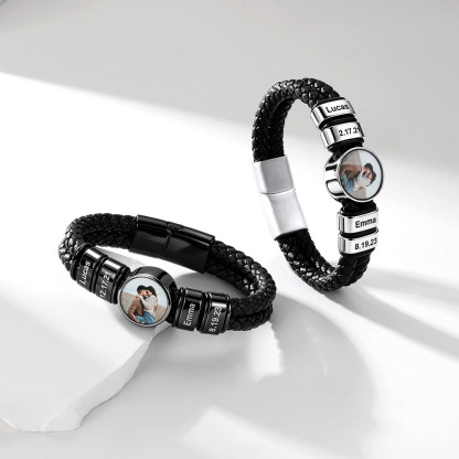 Personalized Multi-Name Photo Double-Layer Leather Bracelet for Men Daily Wear