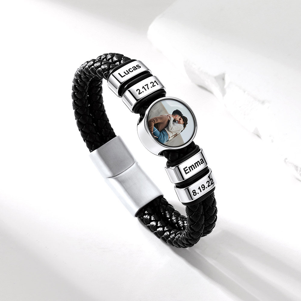 Personalized Multi-Name Photo Double-Layer Leather Bracelet for Him