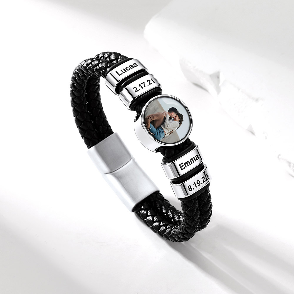 Personalized Multi-Name Photo Double-Layer Leather Bracelet for Him