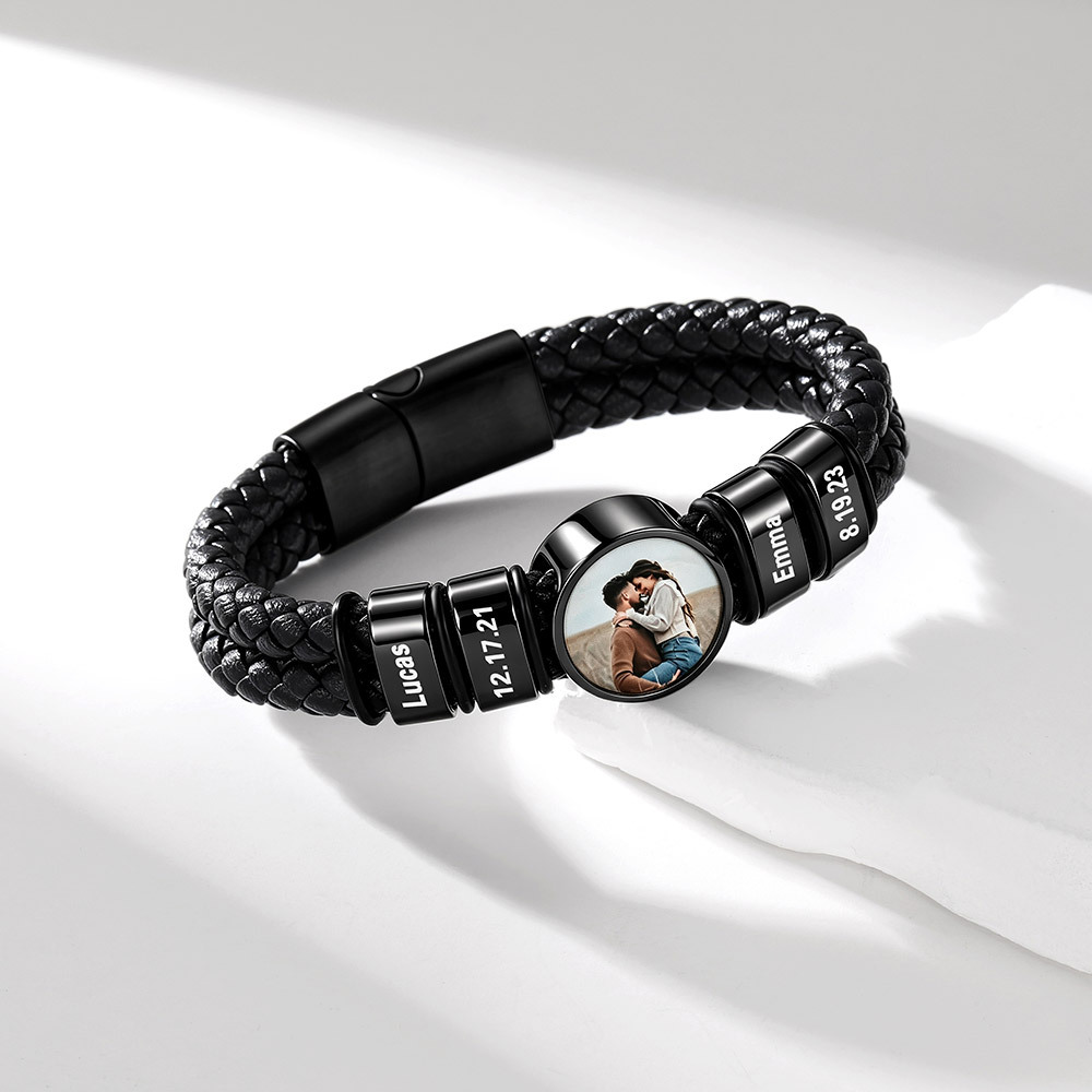 Personalized Multi-Name Photo Double-Layer Leather Bracelet for Men Birthday Gift