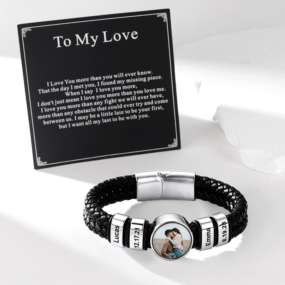 Personalized Multi-Name Photo Double-Layer Leather Bracelet for Men Anniversary Gift