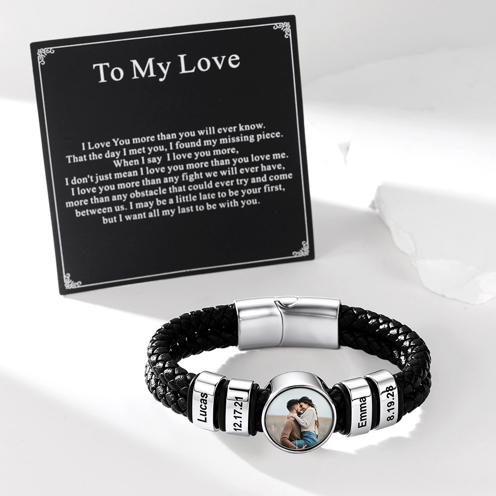 Personalized Multi-Name Photo Double-Layer Leather Bracelet for Men Anniversary Gift