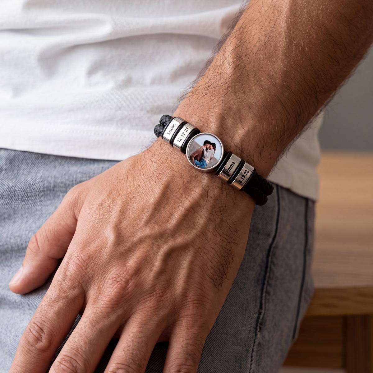 Personalized Multi-Name Photo Double-Layer Leather Bracelet for Men