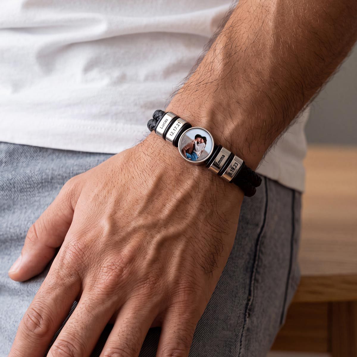 Personalized Multi-Name Photo Double-Layer Leather Bracelet for Men