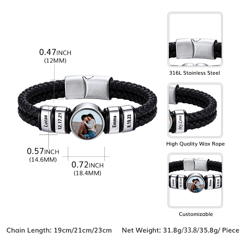 Personalized Multi-Name Photo Double-Layer Leather Bracelet for Men Size