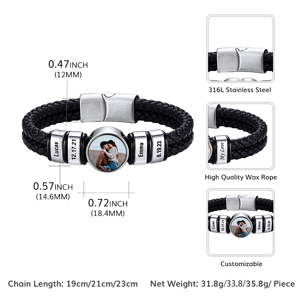 Personalized Multi-Name Photo Double-Layer Leather Bracelet for Men Size
