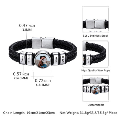 Personalized Multi-Name Photo Double-Layer Leather Bracelet for Men Size