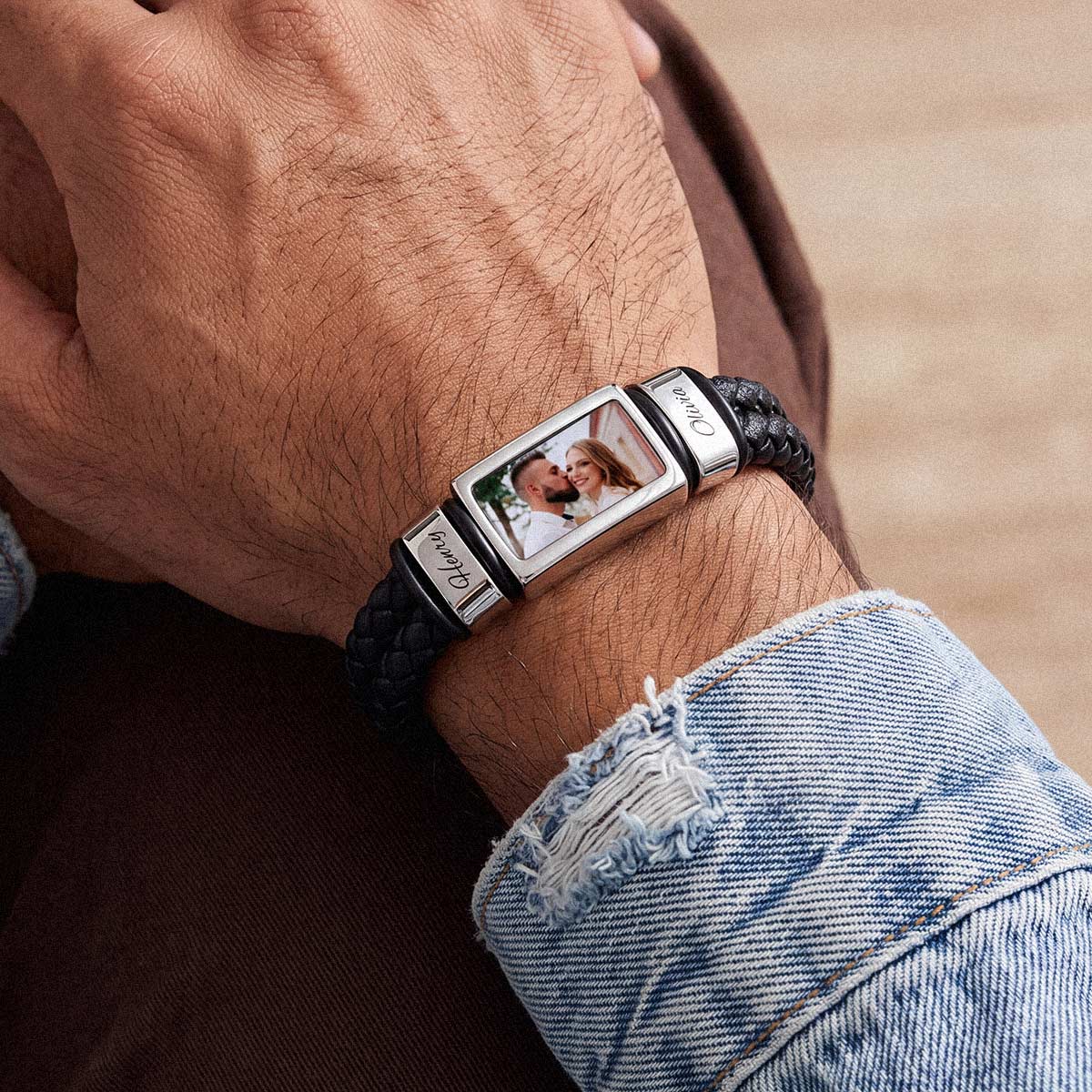 Custom Multi-Name Photo Leather Bracelet for dad