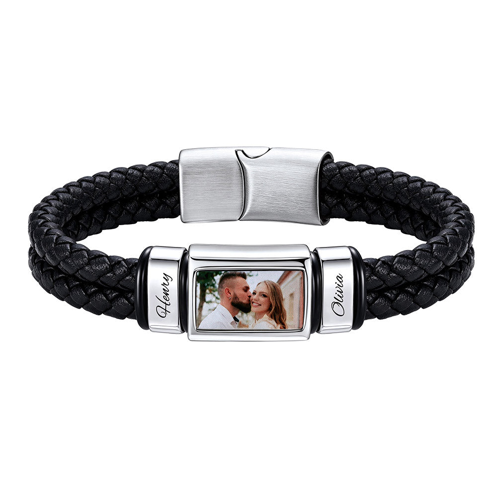 Custom Multi-Name Photo Leather Bracelet for Men