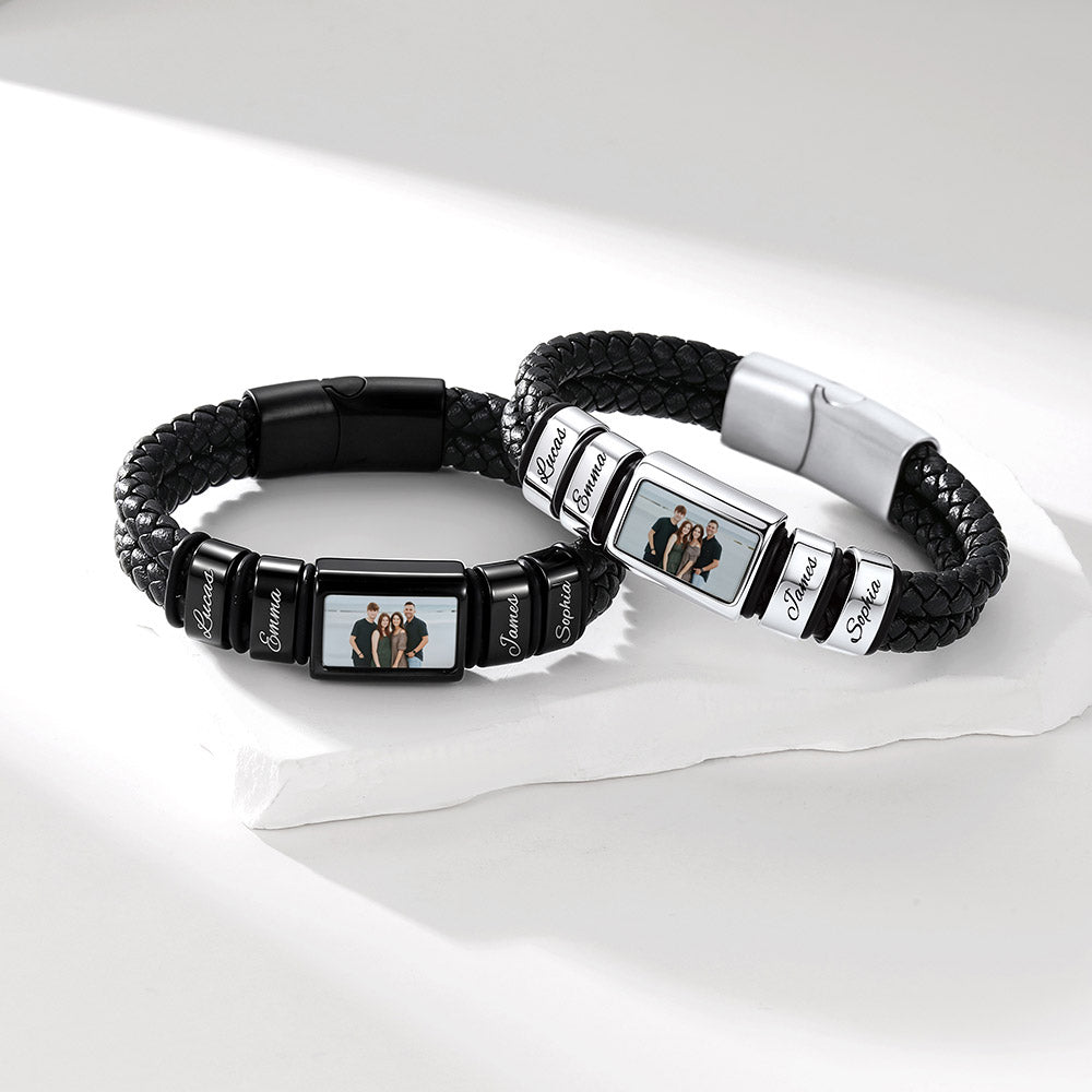 Custom Multi-Name Photo Leather Bracelet for husband