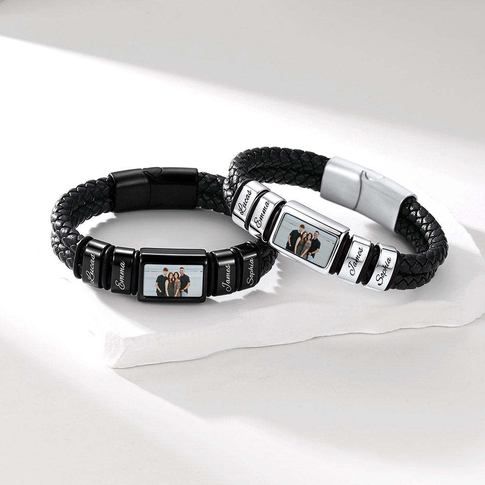 Custom Multi-Name Photo Leather Bracelet for husband