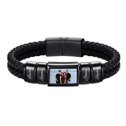 Custom Multi-Name Photo Leather Bracelet for Men birthday gift for him