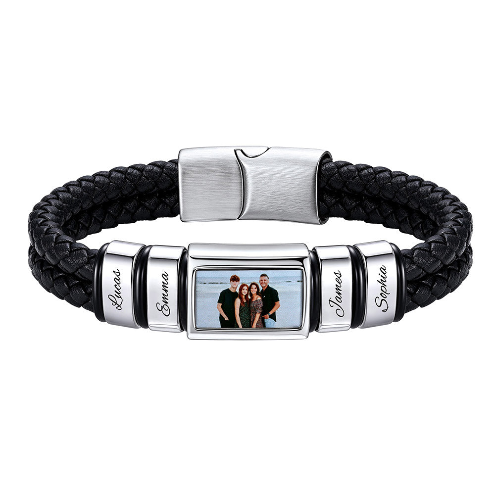 Custom Multi-Name Photo Leather Bracelet for Men Silver