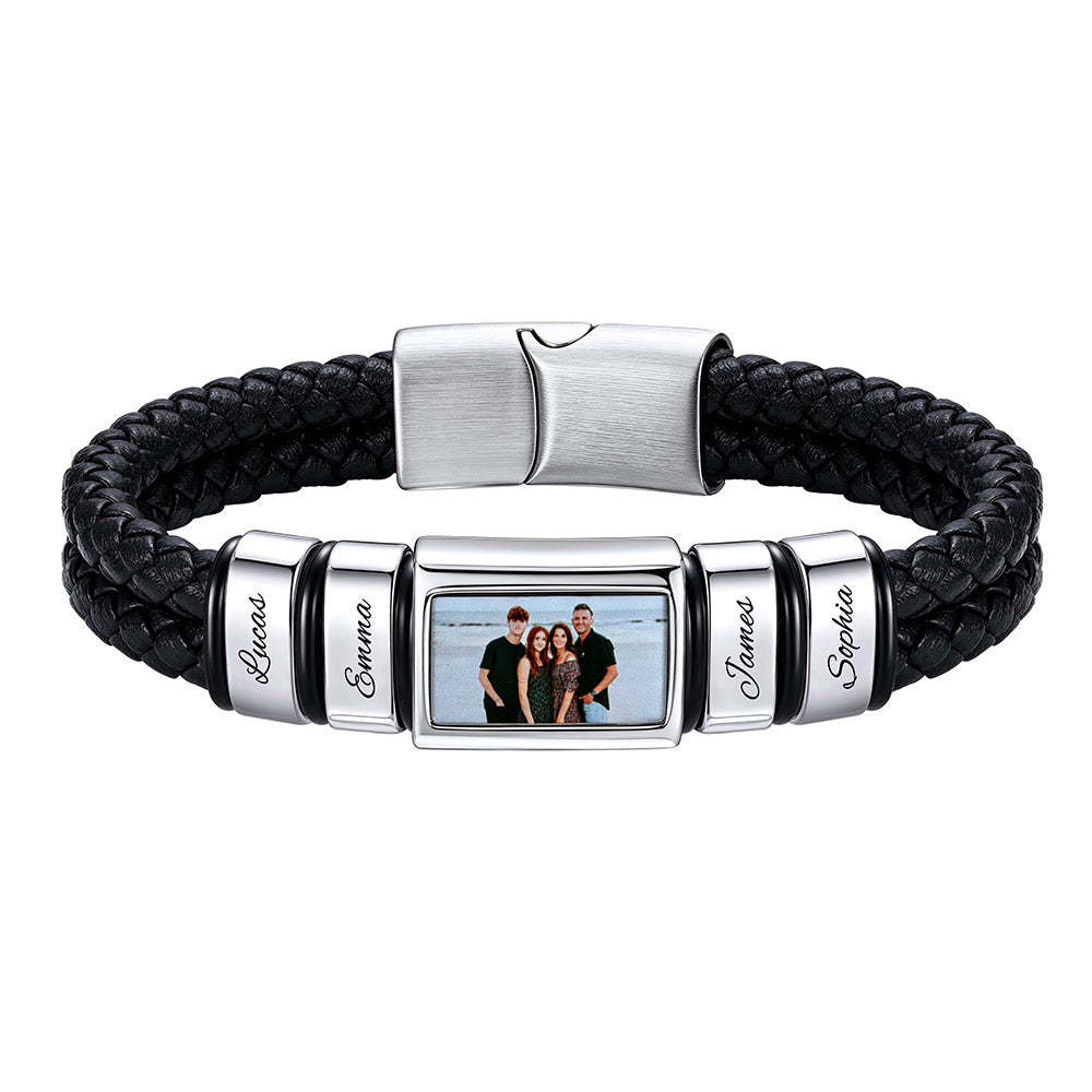Custom Multi-Name Photo Leather Bracelet for Men Silver