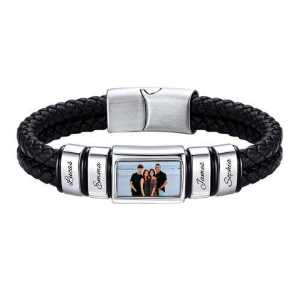 Custom Multi-Name Photo Leather Bracelet for Men Silver