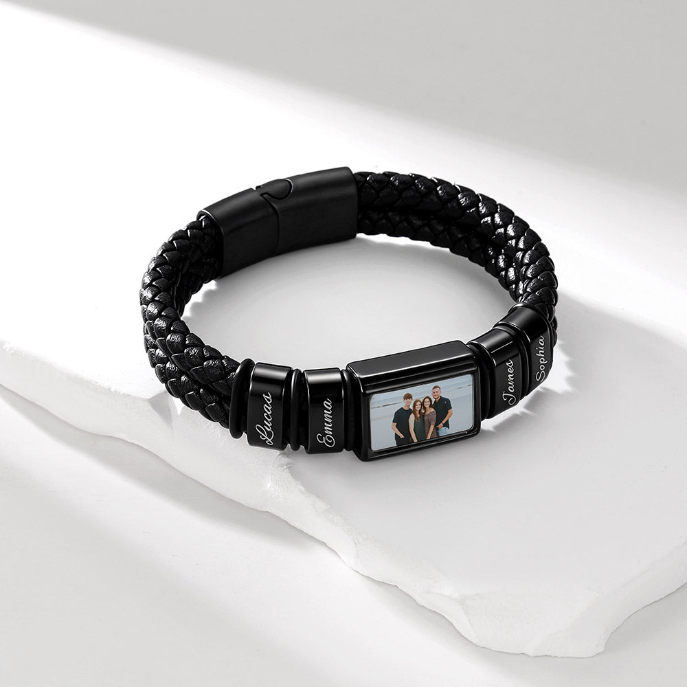 personalized Multi-Name Photo Leather Bracelet for Men