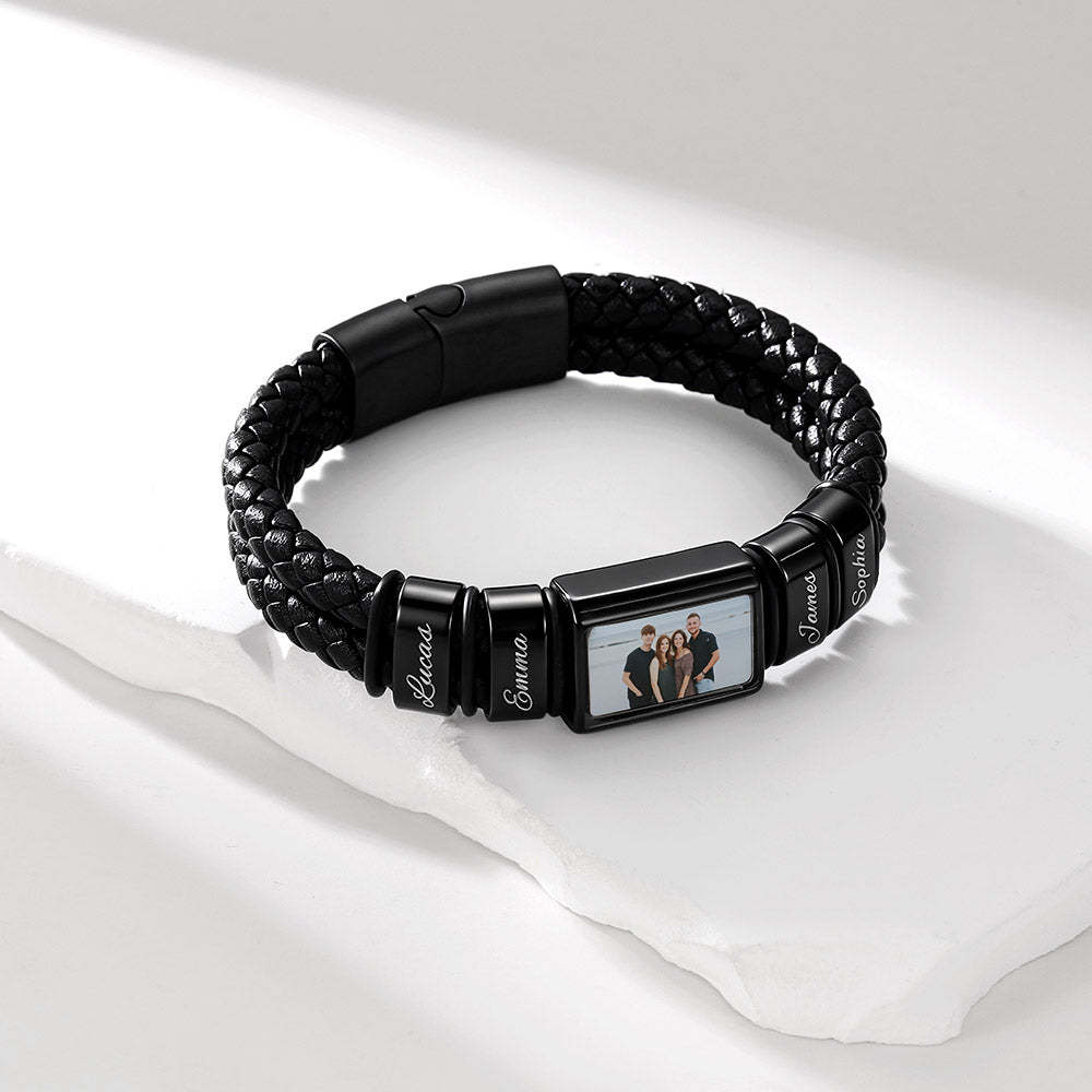 personalized Multi-Name Photo Leather Bracelet for Men