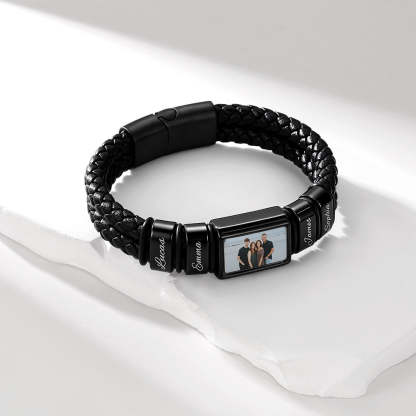 personalized Multi-Name Photo Leather Bracelet for Men