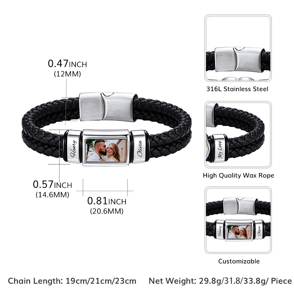 Custom 2 Name Photo Leather Bracelet for Men