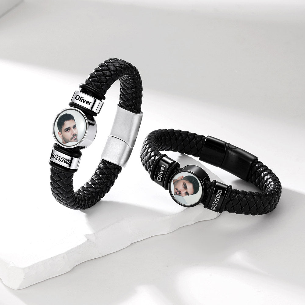 Custom Multi-Name Photo Leather Bracelet for Men Birthday Gift