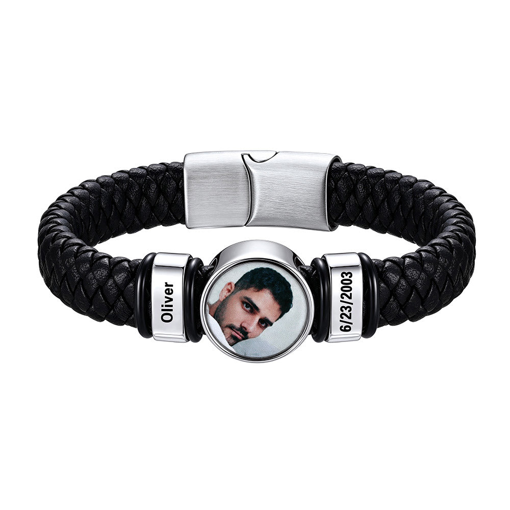Custom Multi-Name Photo Leather Bracelet for Men Silver