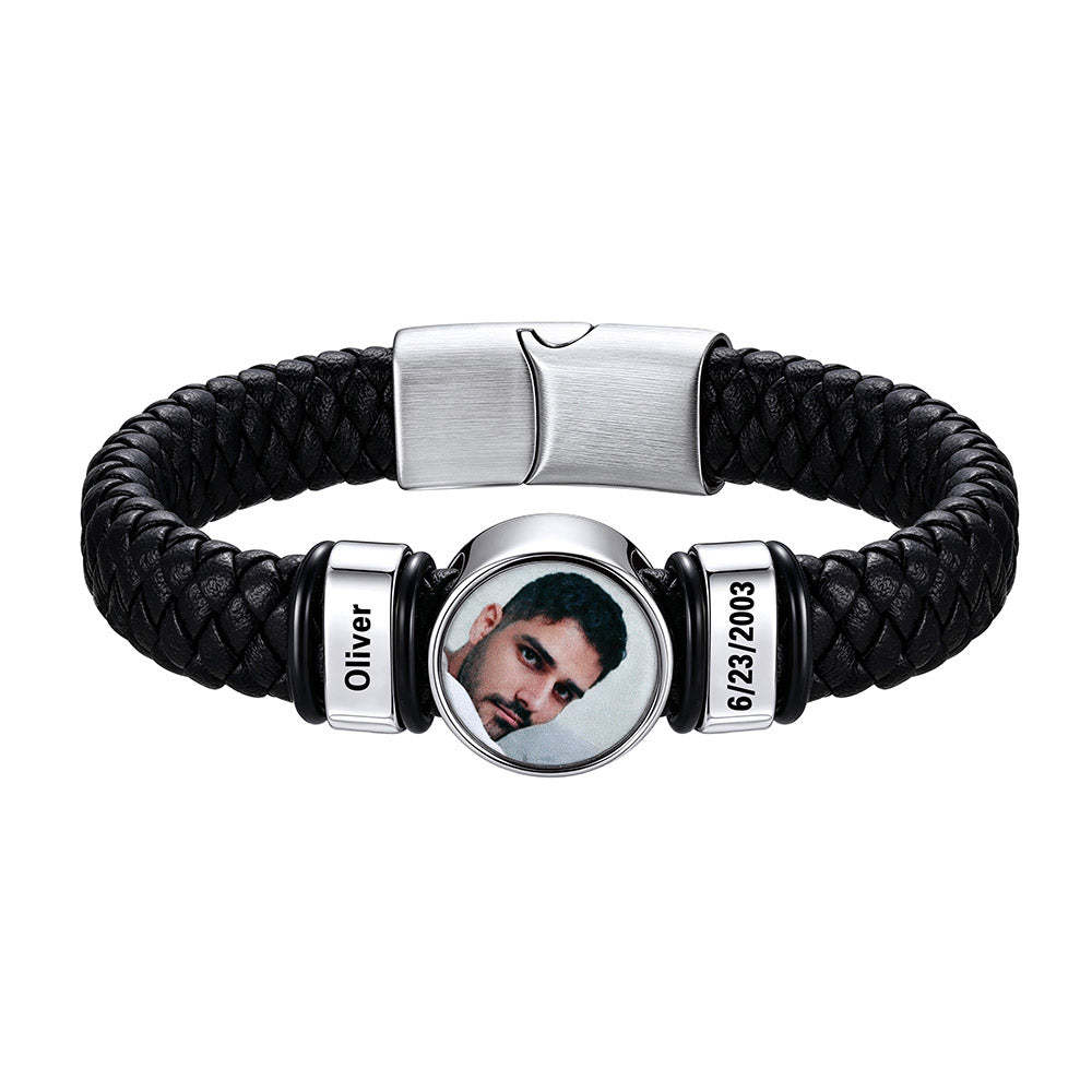 Custom Multi-Name Photo Leather Bracelet for Men Silver