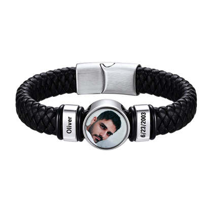 Custom Multi-Name Photo Leather Bracelet for Men Silver