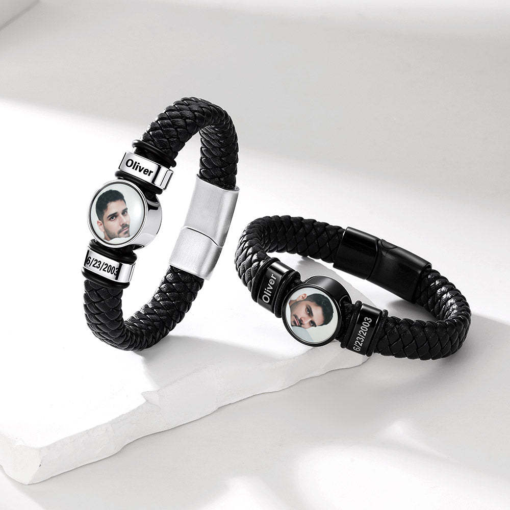 Custom Multi-Name Photo Leather Bracelet for Men Birthday Gift