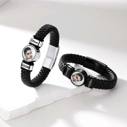 Custom Multi-Name Photo Leather Bracelet for Men Birthday Gift