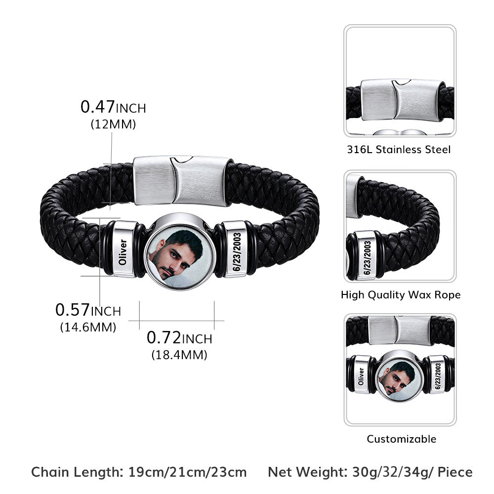 Custom Multi-Name Photo Leather Bracelet for Men Size
